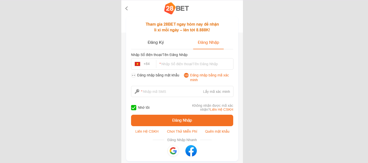 Hướng dẫn đăng nhập 28BET chi tiết với 2 cách: thủ công qua số điện thoại và nhanh qua Google/Facebook